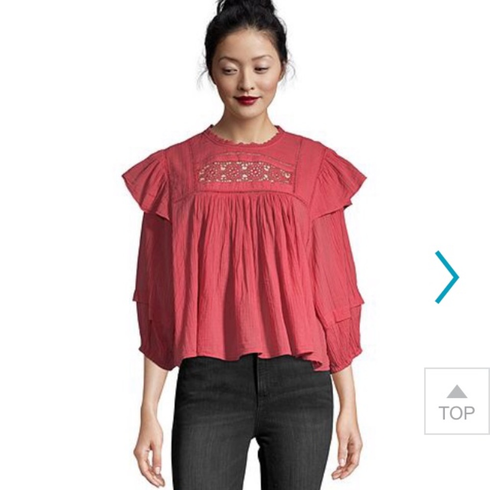 Free People Coral Red Lace-Panel Peasant Blouse